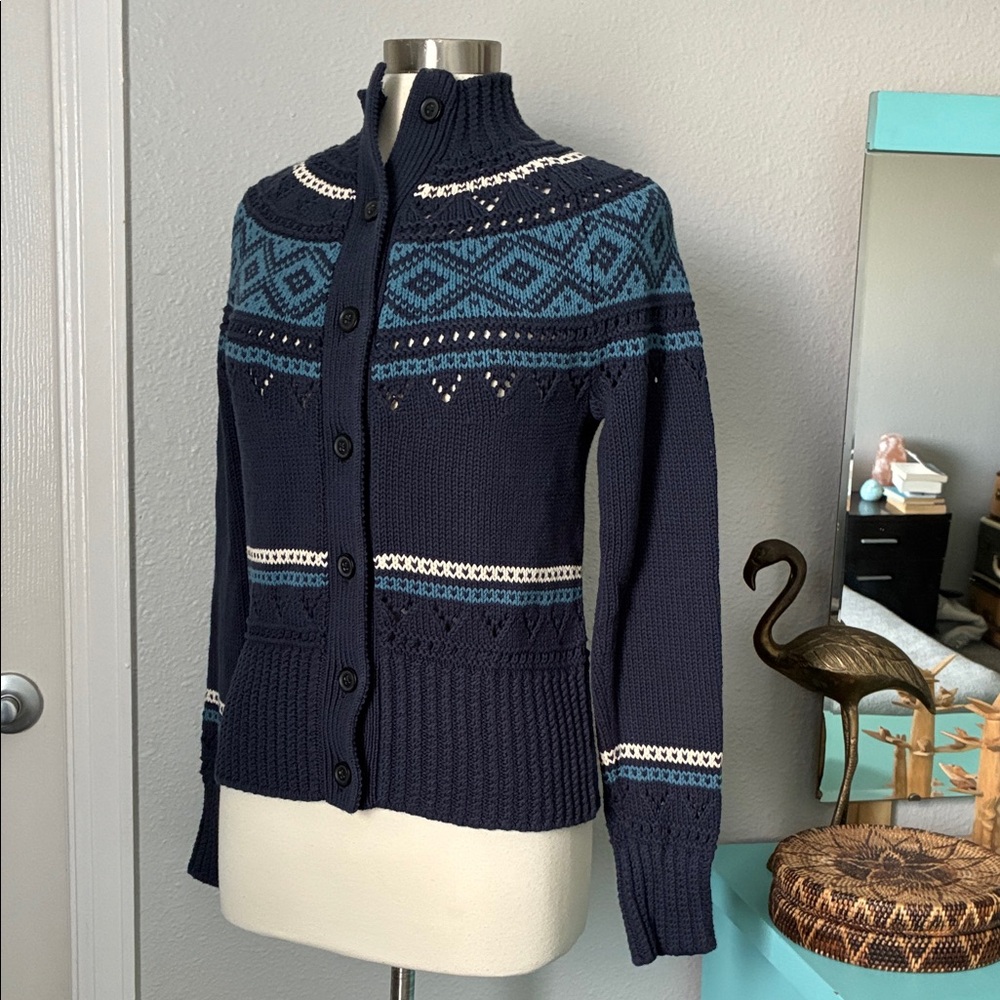 L. L. Bean Navy Fair Isle Button-Front Women's Cardigan Knit Sweater Small